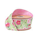2 1/2" Wired Dupioni Ribbon | Rose Blooms on Green w/ Pink Backing | 10 Yard Roll