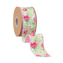 2 1/2" Wired Dupioni Ribbon | Rose Blooms on Green w/ Pink Backing | 10 Yard Roll