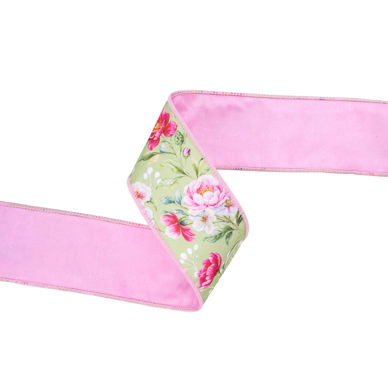 2 1/2" Wired Dupioni Ribbon | Rose Blooms on Green w/ Pink Backing | 10 Yard Roll