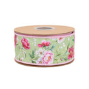 2 1/2" Wired Dupioni Ribbon | Rose Blooms on Green w/ Pink Backing | 10 Yard Roll