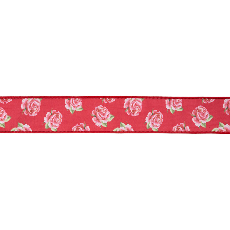 2 1/2" Wired Dupioni Ribbon | Pink Rose Bloom on Red w/ Red Backing | 10 Yard Roll