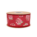 2 1/2" Wired Dupioni Ribbon | Pink Rose Bloom on Red w/ Red Backing | 10 Yard Roll