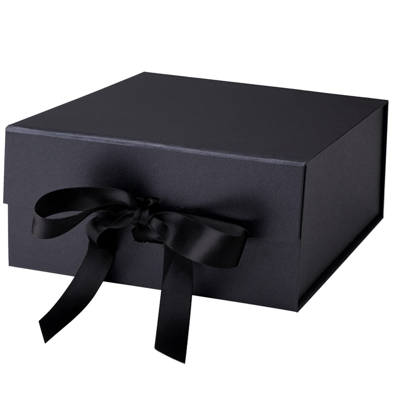 8" x 8" x 4" Collapsable Gift Box w/ Satin Ribbon & Magnetic Square Flap Lid | Black