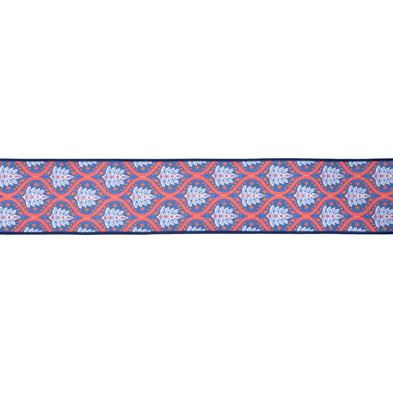 4" Wired Dupioni Ribbon | Red/White/Blue Flame w/ Blue Backing | 10 Yard Roll
