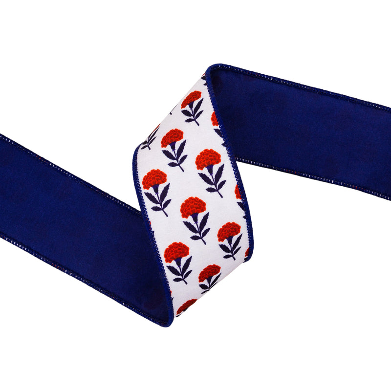 2 1/2" Wired Dupioni Ribbon | Red/White/Blue Floral w/ Blue Backing | 10 Yard Roll