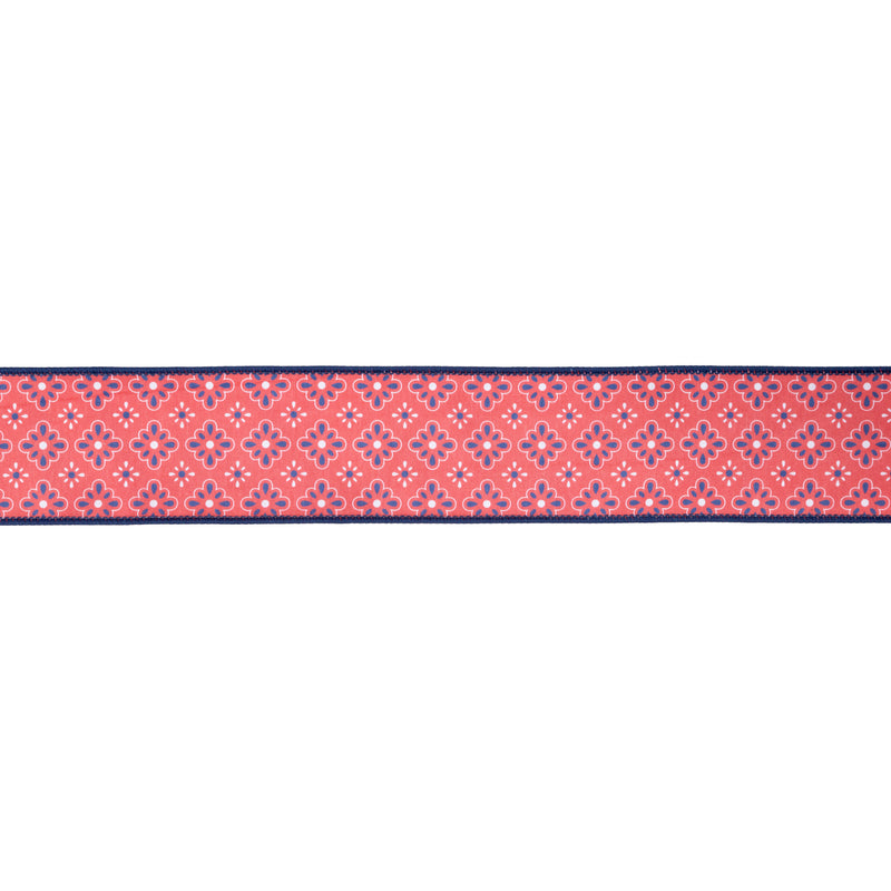 2 1/2" Wired Dupioni Ribbon | Red/White/Blue Diamond Floral w/ Red Backing | 10 Yard Roll