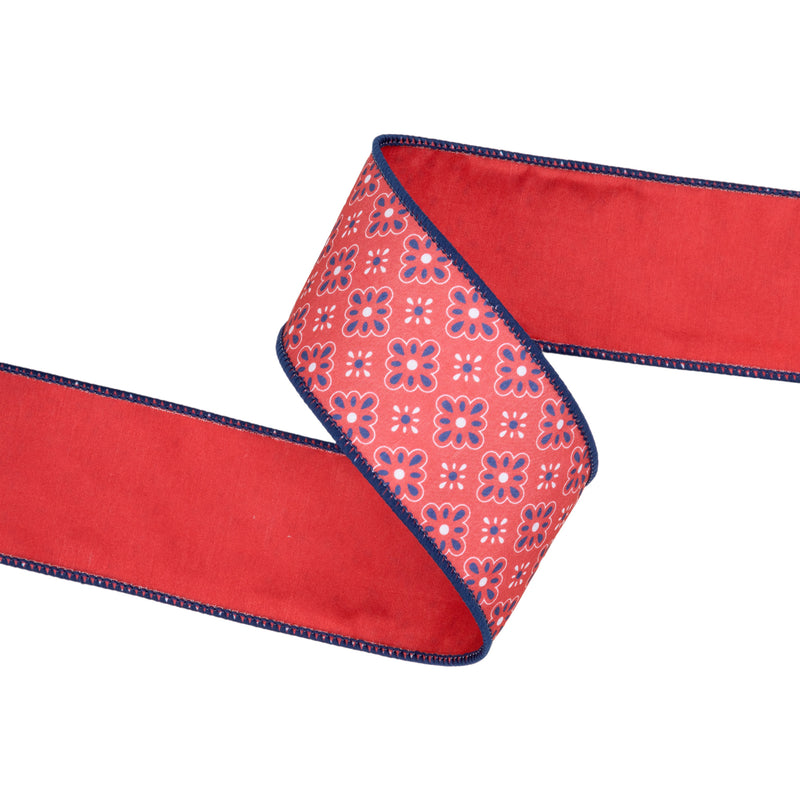 2 1/2" Wired Dupioni Ribbon | Red/White/Blue Diamond Floral w/ Red Backing | 10 Yard Roll
