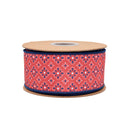 2 1/2" Wired Dupioni Ribbon | Red/White/Blue Diamond Floral w/ Red Backing | 10 Yard Roll