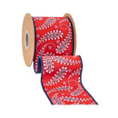 4" Wired Dupioni Ribbon | White Paisley on Red w/ Blue Backing | 10 Yard Roll