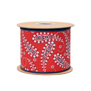 4" Wired Dupioni Ribbon | White Paisley on Red w/ Blue Backing | 10 Yard Roll