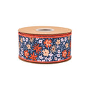 2 1/2" Wired Wired Ribbon | Ditzy Floral on Blue w/ Orange Backing | 10 Yard Roll