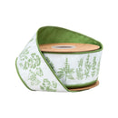 2 1/2" Wired Dupioni Ribbon | Herb Sprigs on White w/ Green Backing | 10 Yard Roll