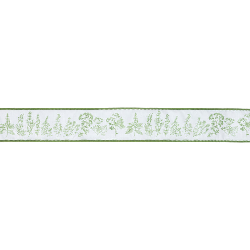 2 1/2" Wired Dupioni Ribbon | Herb Sprigs on White w/ Green Backing | 10 Yard Roll