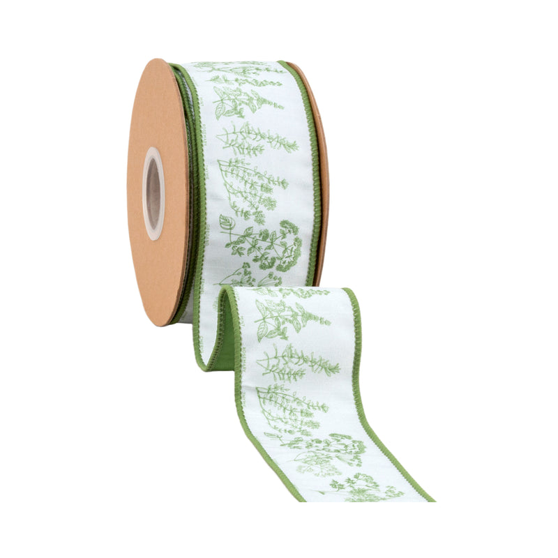 2 1/2" Wired Dupioni Ribbon | Herb Sprigs on White w/ Green Backing | 10 Yard Roll
