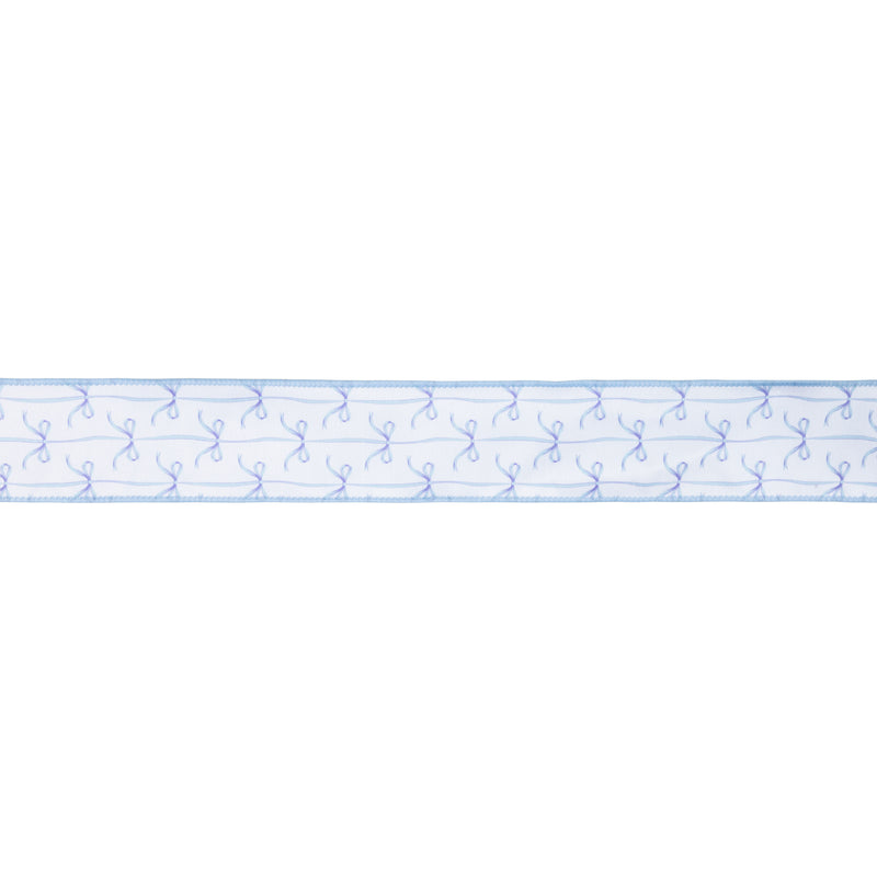 2 1/2" Wired Dupioni Ribbon | Blue Bows on White w/ Blue Backing | 10 Yard Roll