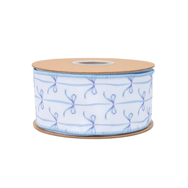 2 1/2" Wired Dupioni Ribbon | Blue Bows on White w/ Blue Backing | 10 Yard Roll
