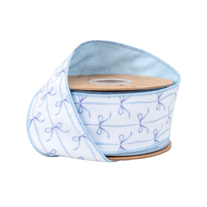 2 1/2" Wired Dupioni Ribbon | Blue Bows on White w/ Blue Backing | 10 Yard Roll