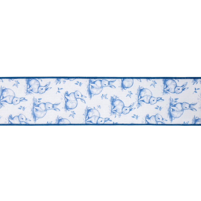 4" Wired Dupioni Ribbon | Blue Bunny Toile w/Blue Backing | 10 Yard Roll
