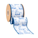 4" Wired Dupioni Ribbon | Blue Bunny Toile w/Blue Backing | 10 Yard Roll