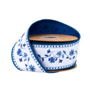 2 1/2" Wired Dupioni Ribbon | Blue Floral Vine on White w/ Blue Backing | 10 Yard Roll