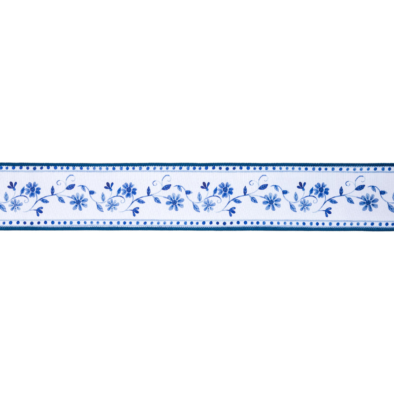 2 1/2" Wired Dupioni Ribbon | Blue Floral Vine on White w/ Blue Backing | 10 Yard Roll