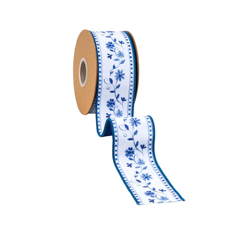 2 1/2" Wired Dupioni Ribbon | Blue Floral Vine on White w/ Blue Backing | 10 Yard Roll