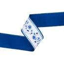 2 1/2" Wired Dupioni Ribbon | Blue Floral Vine on White w/ Blue Backing | 10 Yard Roll