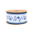2 1/2" Wired Dupioni Ribbon | Blue Floral Vine on White w/ Blue Backing | 10 Yard Roll