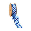 1 1/2" Wired Dupioni Ribbon | Blue and White Decorative Stripe w/ Blue Backing | 10 Yard Roll