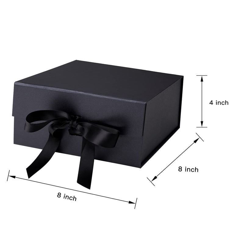 8" x 8" x 4" Collapsable Gift Box w/ Satin Ribbon & Magnetic Square Flap Lid | Black