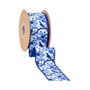 2 1/2" Wired Dupioni Ribbon | Blue and White China Birds w/ Blue Backing | 10 Yard Roll