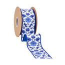 2 1/2" Wired Dupioni Ribbon | Blue and China Floral w/ Blue Backing | 10 Yard Roll