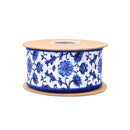 2 1/2" Wired Dupioni Ribbon | Blue and China Floral w/ Blue Backing | 10 Yard Roll