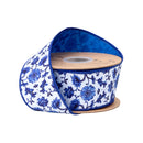 2 1/2" Wired Dupioni Ribbon | Blue and China Floral w/ Blue Backing | 10 Yard Roll