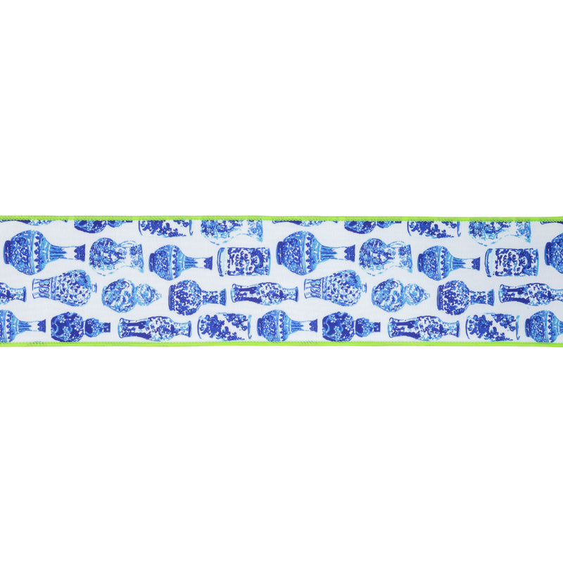 4" Wired Dupioni Ribbon | Blue and White China Pots w/ Lime Green Backing | 10 Yard Roll