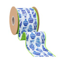 4" Wired Dupioni Ribbon | Blue and White China Pots w/ Lime Green Backing | 10 Yard Roll