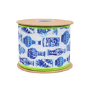 4" Wired Dupioni Ribbon | Blue and White China Pots w/ Lime Green Backing | 10 Yard Roll