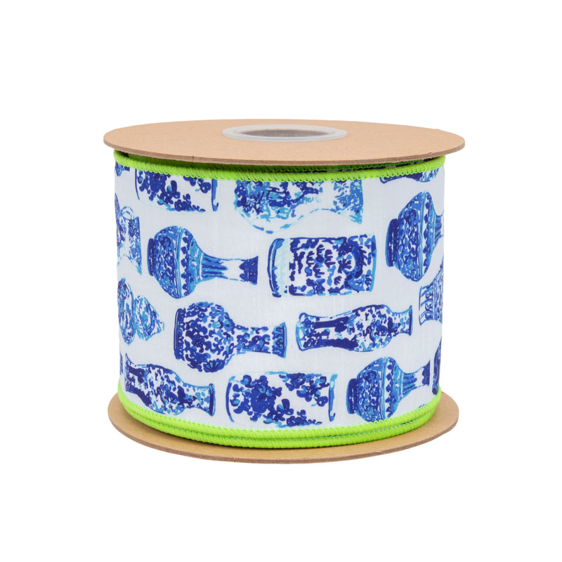 4" Wired Dupioni Ribbon | Blue and White China Pots w/ Lime Green Backing | 10 Yard Roll
