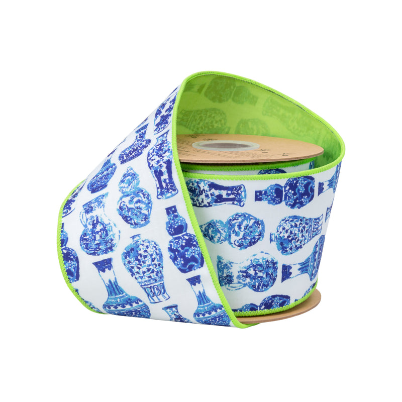4" Wired Dupioni Ribbon | Blue and White China Pots w/ Lime Green Backing | 10 Yard Roll
