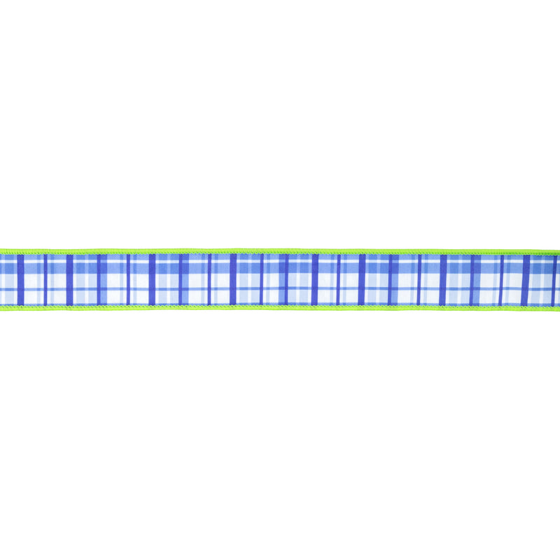 1 1/2" Wired Dupioni Ribbon | Blue and White Plaid w/ Lime Green Backing | 10 Yard Roll