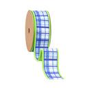 1 1/2" Wired Dupioni Ribbon | Blue and White Plaid w/ Lime Green Backing | 10 Yard Roll