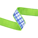 1 1/2" Wired Dupioni Ribbon | Blue and White Plaid w/ Lime Green Backing | 10 Yard Roll