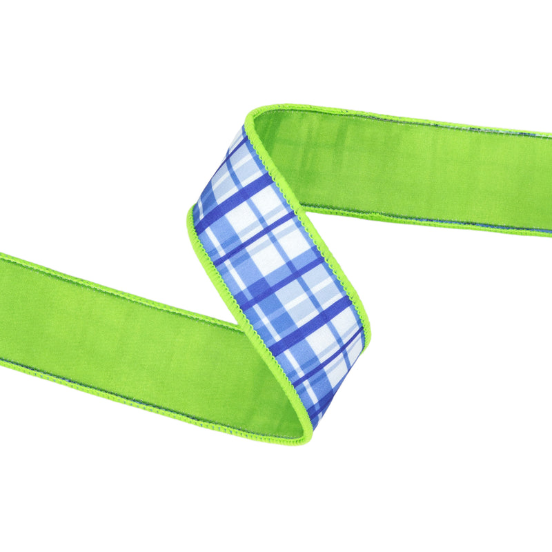 1 1/2" Wired Dupioni Ribbon | Blue and White Plaid w/ Lime Green Backing | 10 Yard Roll