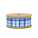 1 1/2" Wired Dupioni Ribbon | Blue and White Plaid w/ Lime Green Backing | 10 Yard Roll