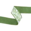 1 1/2" Wired Dupioni Ribbon | Ferns on White w/ Green Backing | 10 Yard Roll