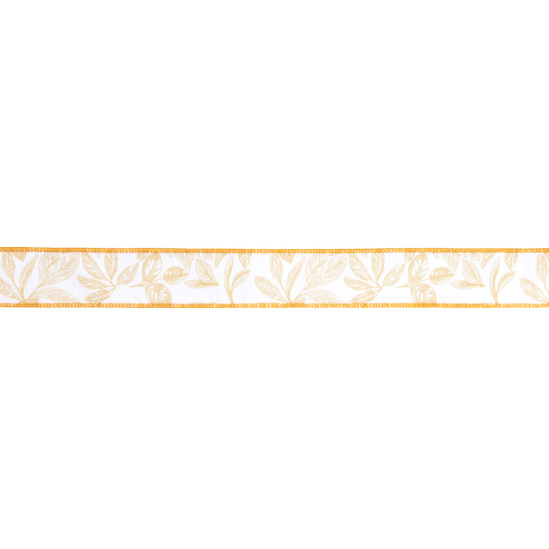 1 1/2" Wired Dupioni Ribbon | Yellow Leaves on White | 10 Yard Roll