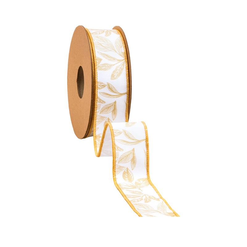 1 1/2" Wired Dupioni Ribbon | Yellow Leaves on White | 10 Yard Roll