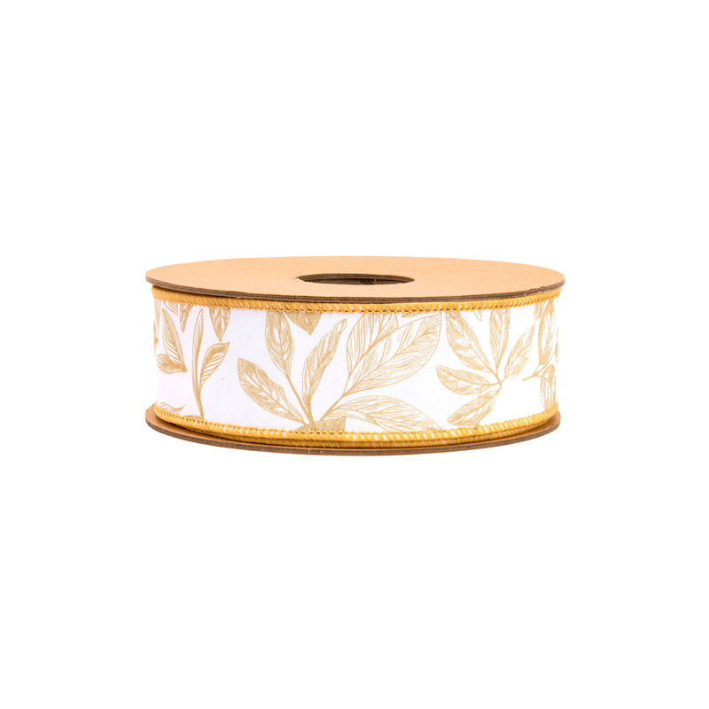 1 1/2" Wired Dupioni Ribbon | Yellow Leaves on White | 10 Yard Roll