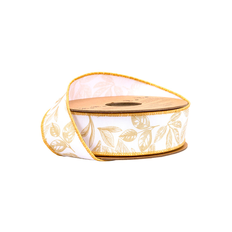 1 1/2" Wired Dupioni Ribbon | Yellow Leaves on White | 10 Yard Roll