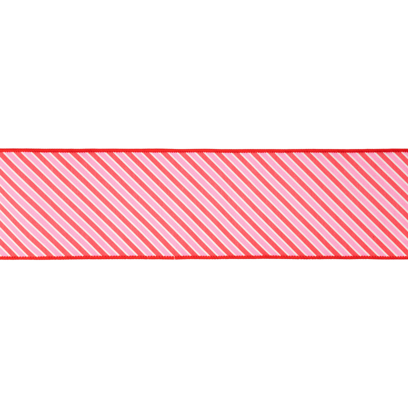 4" Wired Dupioni Ribbon | Red/White Varied Diagonal Stripe | 10 Yard Roll